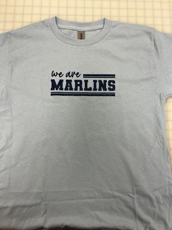 (Youth Medium) We Are Marlins Glitter Navy   - Short Sleeve Light Blue