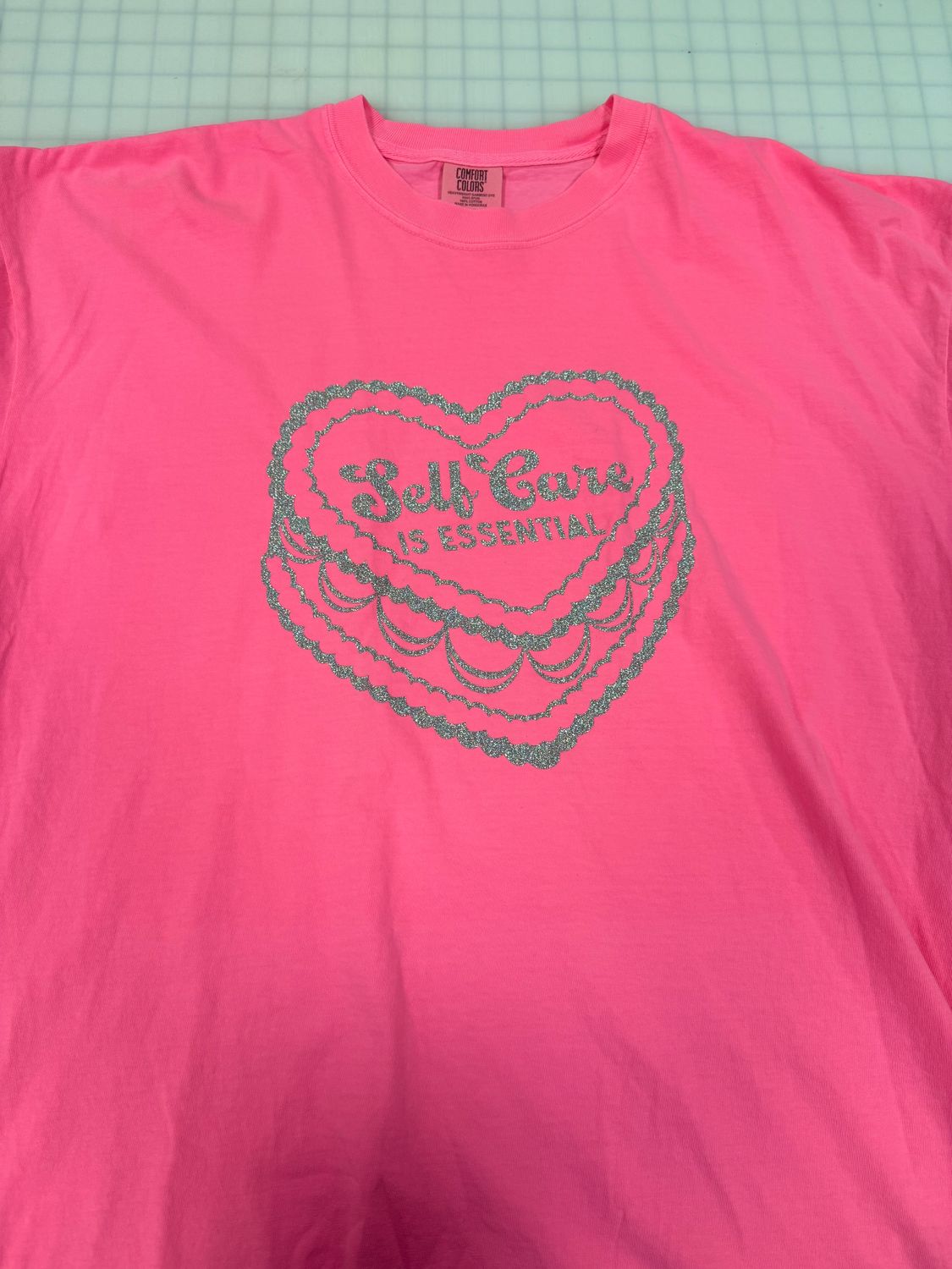 (2X) Self Care - Glitter Silver - Short Sleeve Neon Pink