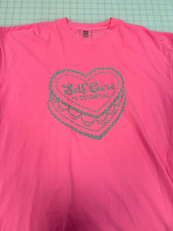 (2X) Self Care - Glitter Silver - Short Sleeve Neon Pink