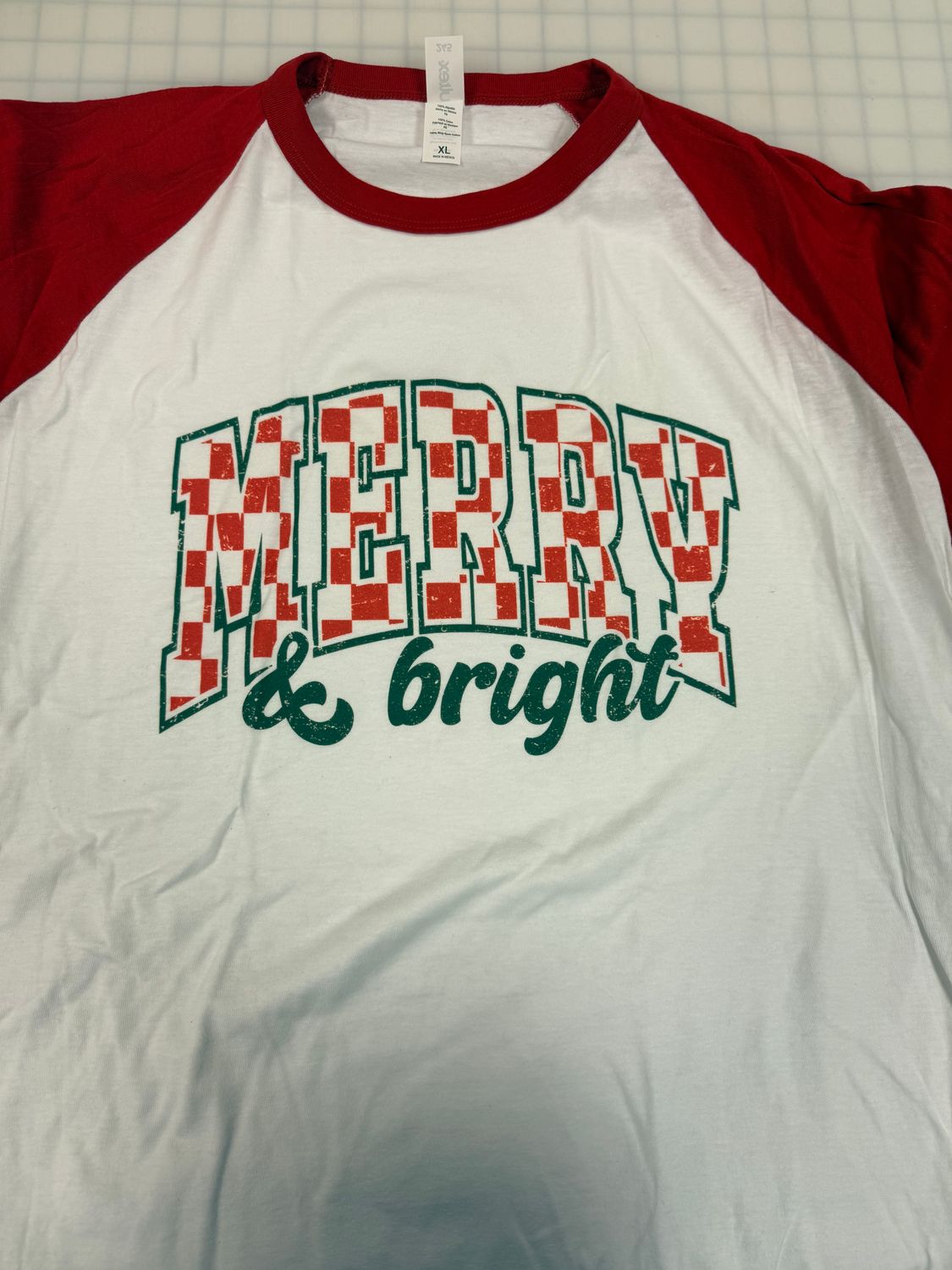 (XL) Merry and Bright - Raglan White w/ Red Sleeves