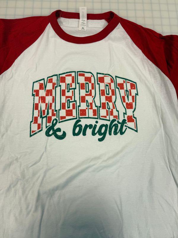 (XL) Merry and Bright - Raglan White w/ Red Sleeves