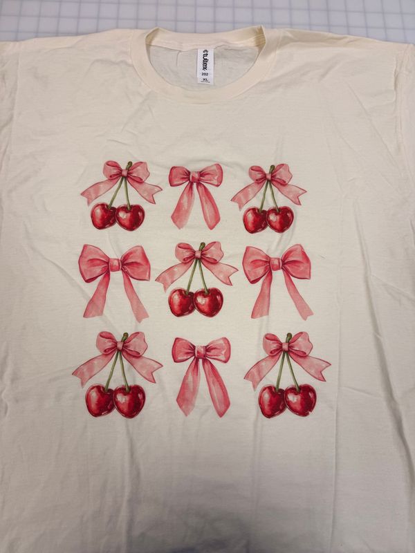 (XL) Cherry Bow - Short Sleeve Natural
