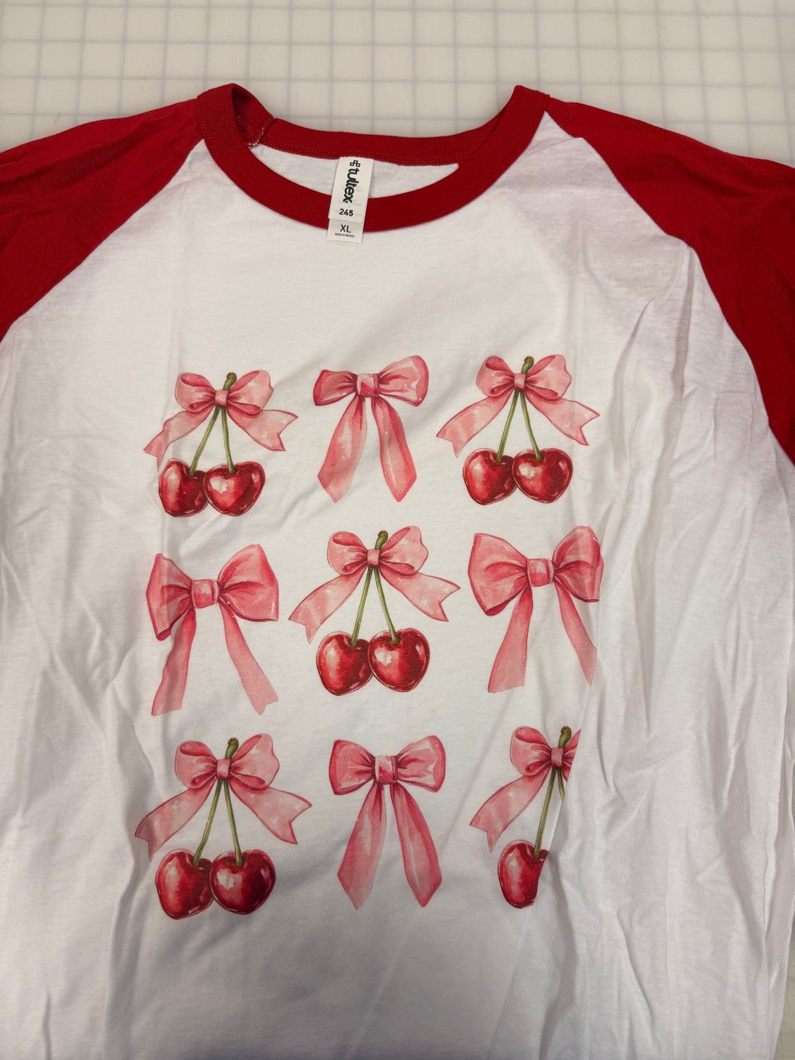 (XL) Cherry Bow - Raglan White w/ Red Sleeves
