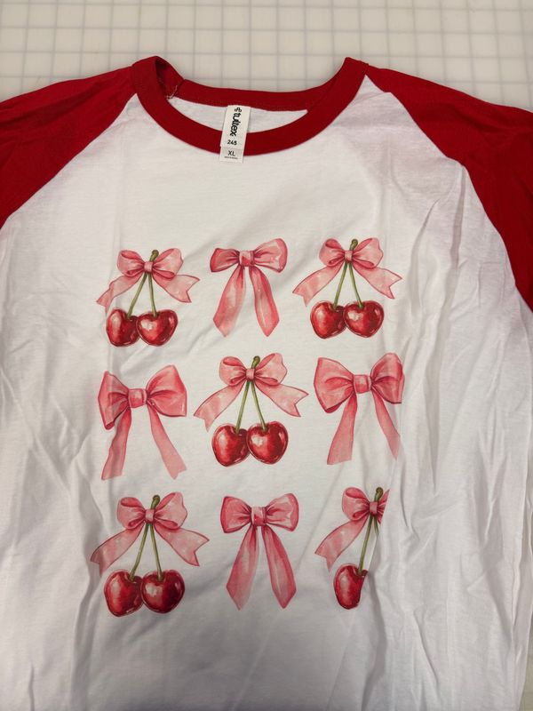 (XL) Cherry Bow - Raglan White w/ Red Sleeves