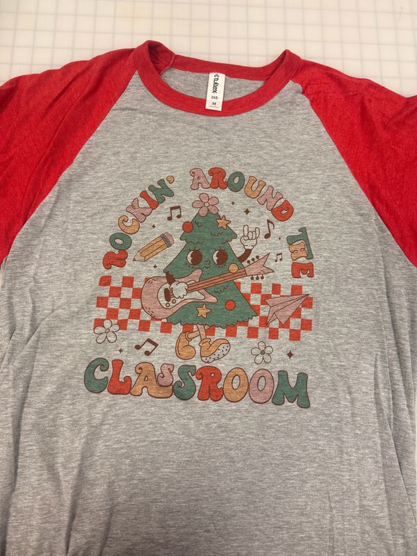 (M) Rockin' Around The Classroom - Raglan Heather Grey w/ Red Sleeves
