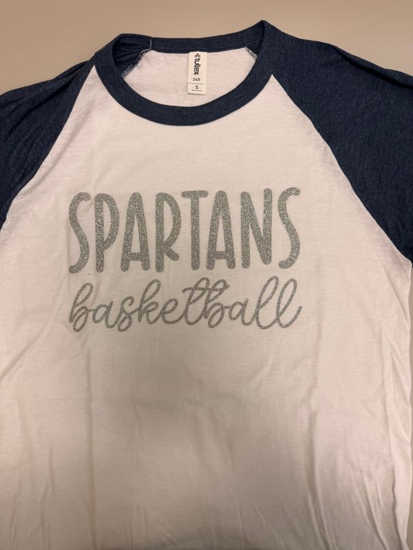 (S) Spartans Basketball - Raglan White w/ Heather Denim Sleeves ( Small Stain On The Black)