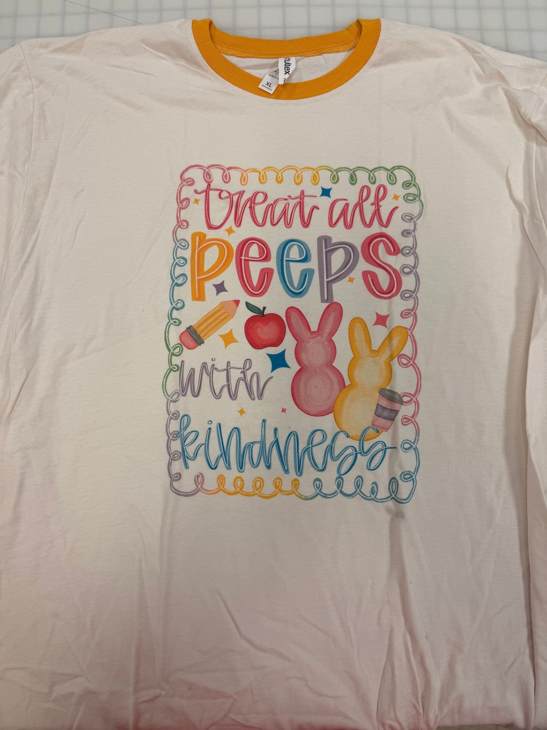 (XL) Treat All Peeps - Short Sleeve Ringer Natural/ Yellow
