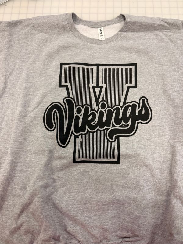 (XL) Striped Letter Vikings - Fleece Crew Heather Gray