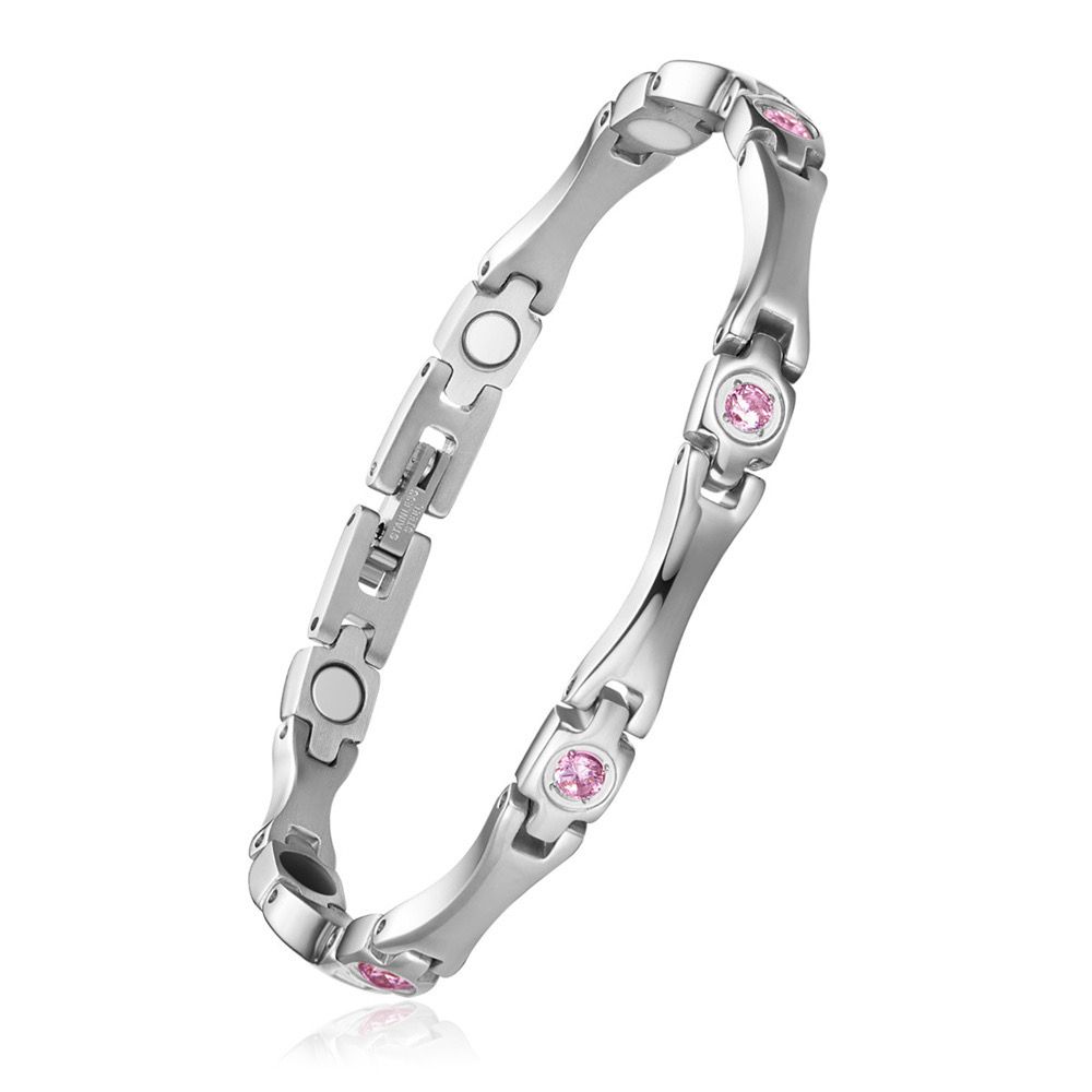 TTGS Watchband Bracelet in Stainless Steel And Pink Grade AAA Cubic Zirconia