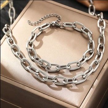 Chunky Chain Necklace and Bracelet Set Silver