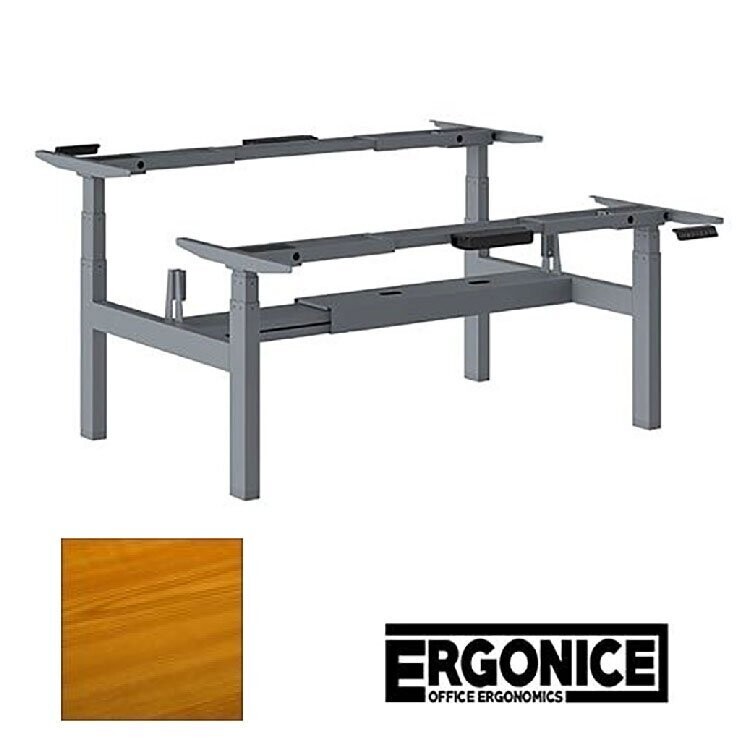 Zit-Sta Bureau dubbel ERGONICE DUO PRO LUX (elektrisch verstelbaar tot 120kg) inclusief bladen H65-130cm, Onderstel: Aluminium, Kleuropties: Kersen