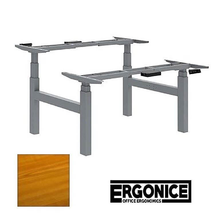 Zit-Sta Bureau dubbel ERGONICE DUO RISE (elektrisch verstelbaar tot 80kg) inclusief bladen H65-130cm, Onderstel: Aluminium, Kleuropties: Kersen