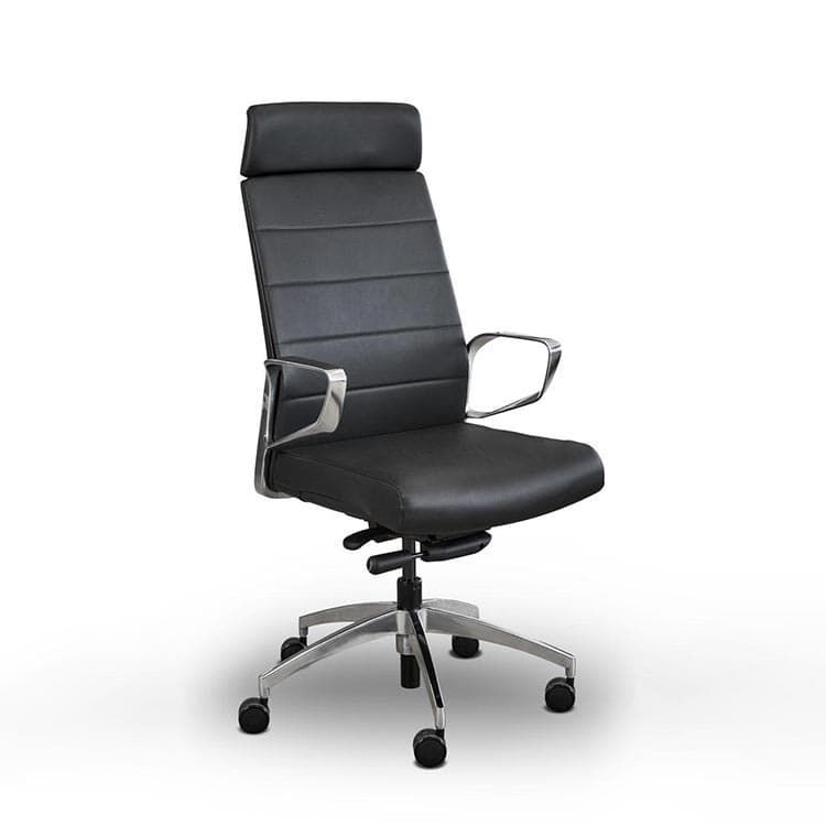 600 Serie Design Directiestoel Hoge rug - Zwart Leder / Alu Voetkr mt wielen