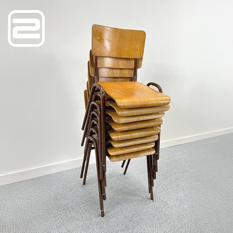 Set van 10x stapelbare schoolstoelen - Lichtbruin hout / Bruin metalen Vierpoot