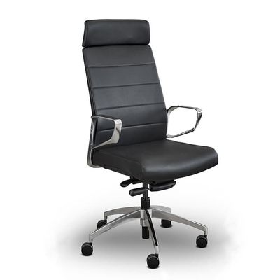 605 Serie Design Directiestoel Hoge rug - Zwart Echt Leder / Alu Voetkr mt wielen