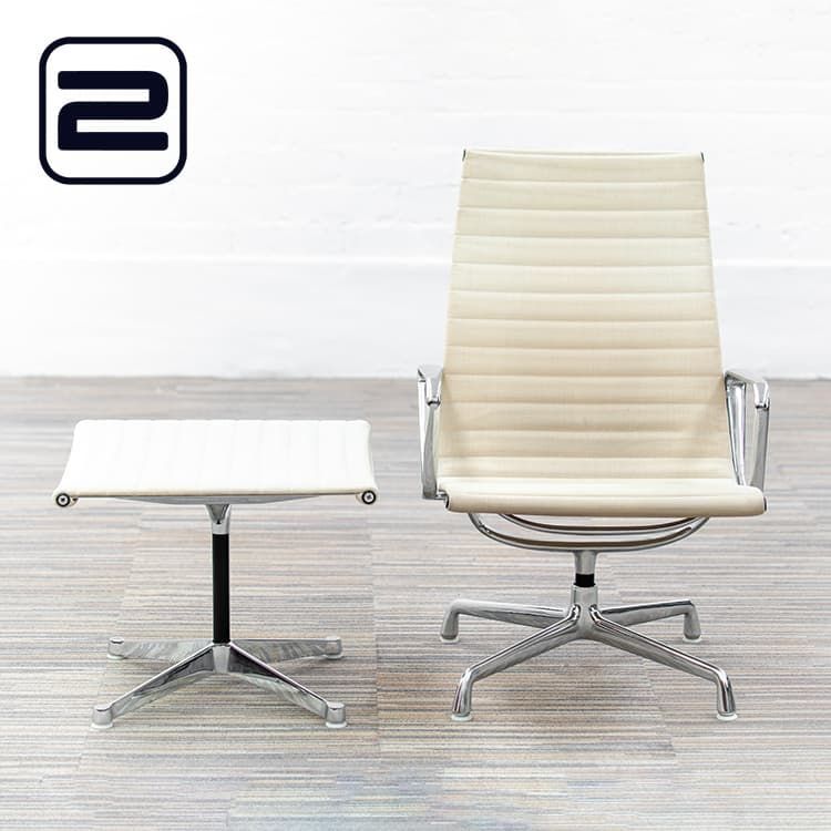 HERMAN MILLER EA116 + Hocker Salonset by Charles Ray Eames b B72xD65xH95 - Beige Hopsack / Gepolijst Alu Sterpoot