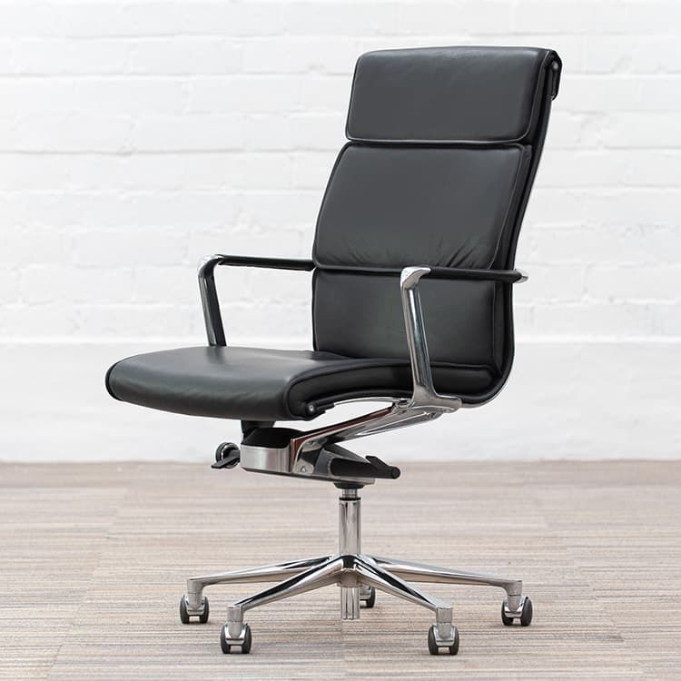 ICF UNA Chair Executive Directiestoel b - Zwart Leder / Gepolijst Alu Voetkr mt wielen