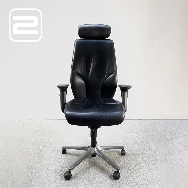 GIROFLEX 64 Directiestoel Met hoofdleuning - Zwart Leder / Donkergrijs metalen Voetkr met wielen