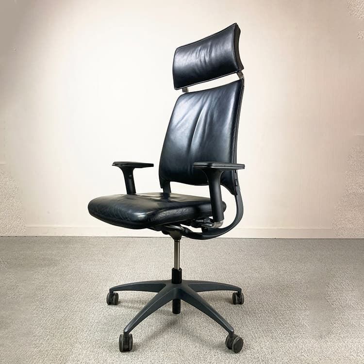 DRABERT Cambio Bureaustoel Met hoofdsteun - Zwart Leder / Zwart metalen Voetkr met wielen