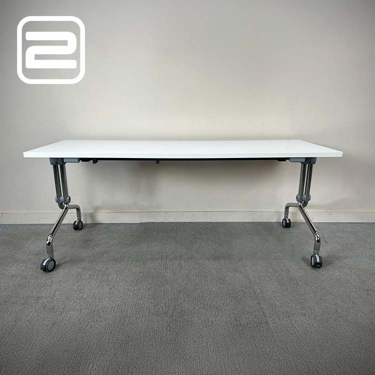 Plooitafel B180xD60xH72 - Wit Melamine / Chrome Y-poot mt wielen