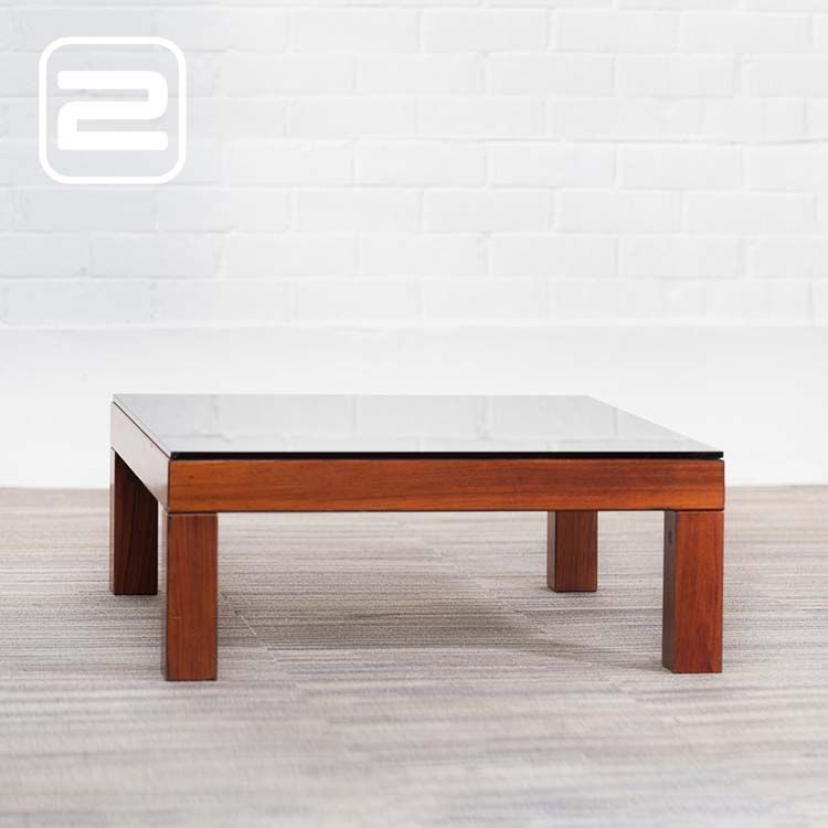 Salontafel Vierkant B90xD90xH35 - transparant bruin glas / hout vierpoot