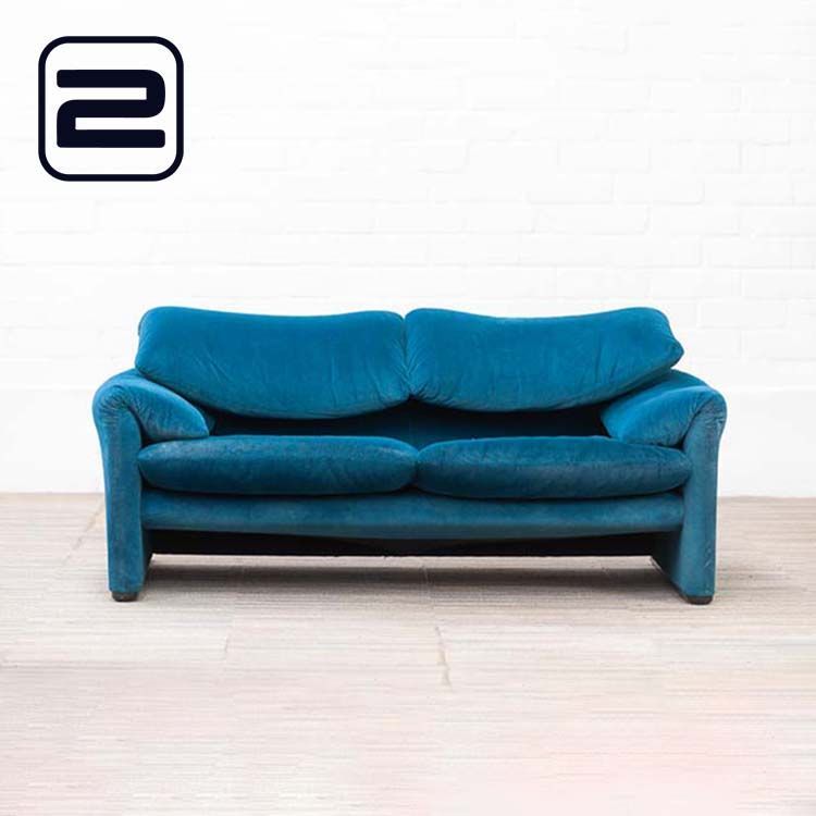 CASSINA Maralunga Zetel 2-zit Winnaar van de Compasso d'Oro prijs in 1979 design by Vico Magistretti B165xD80xH70 - blauw en groen stof / zwart kunststof sledepoot