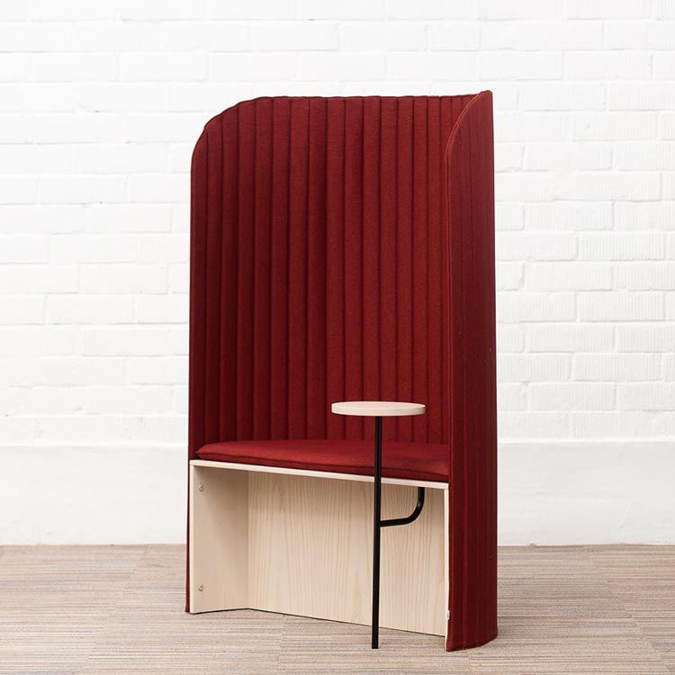 ZILENZIO Focus Pod Privacy Booth Rond design by Note Design Studio B100xL50-73xH150 - donkerrood stof en licht houten blad / licht houten wandpoot