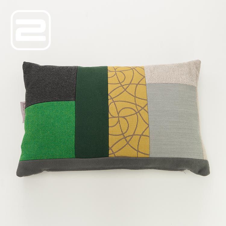 KUS-SEN Kussen b design by Susan van Heumen B60xL40 - verschillende tinten groen, geel en grijze stof