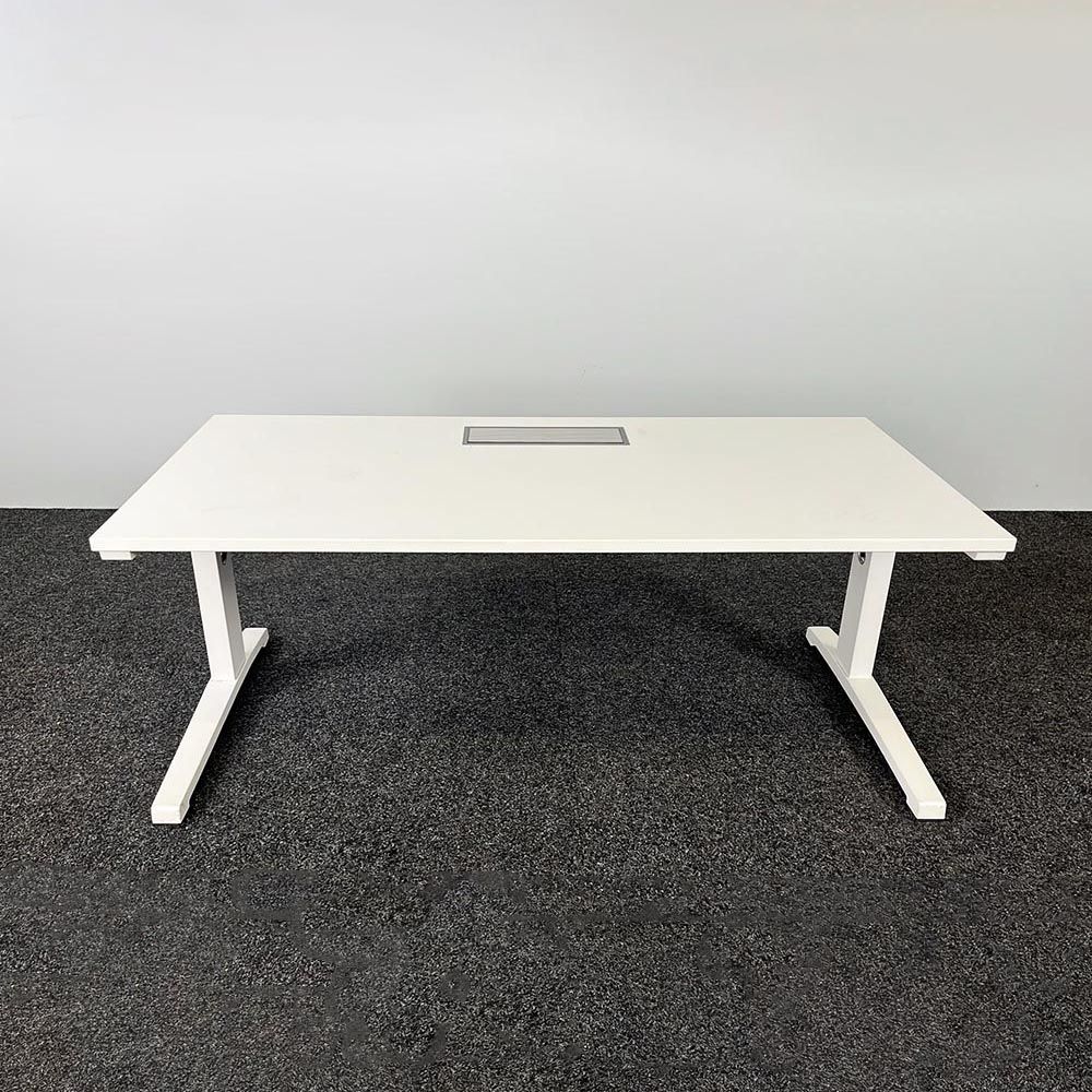 STEELCASE Bureau B160xD80xH65-85 - wit melamine / wit metaal t-poot