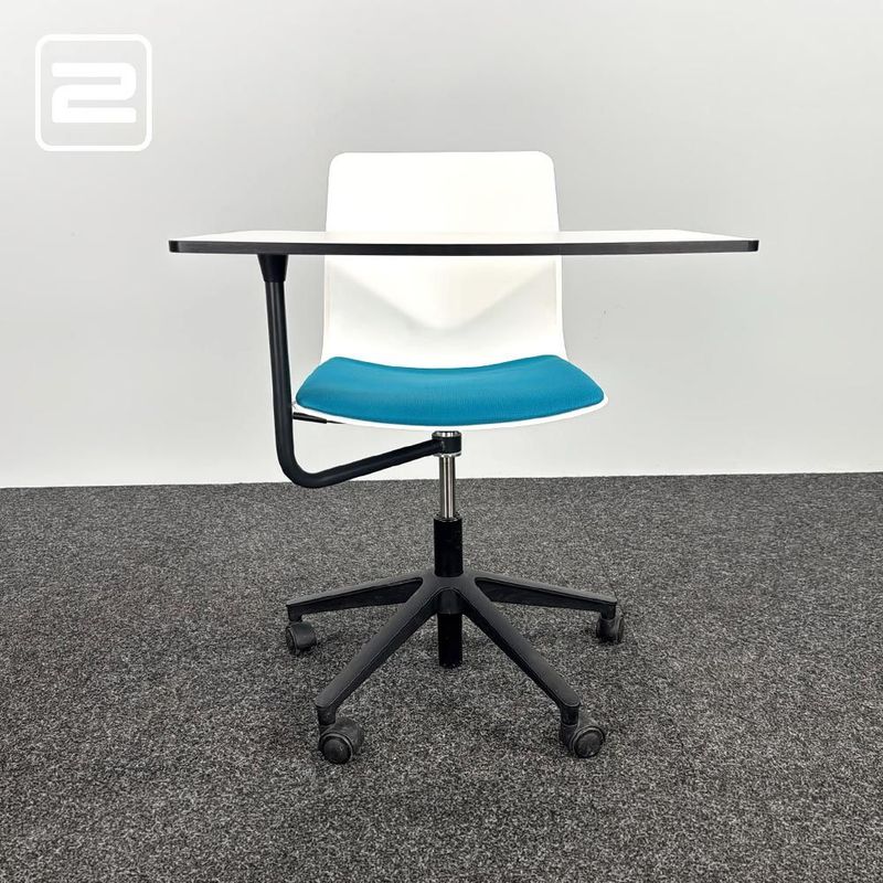FOURDESIGN Auditoriumstoel - wit kunststof / appelblauwe stof / zwart metaal kruisvoet