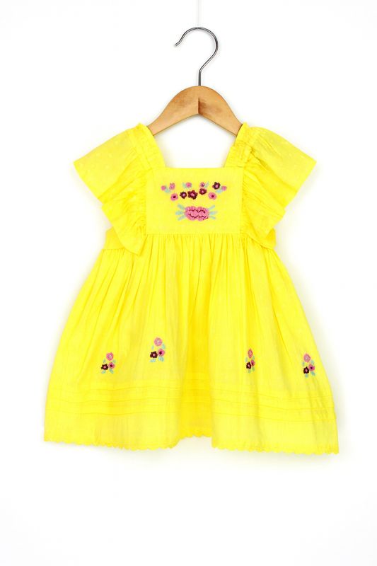 Bright Yellow Embroidered Cotton Frock for Girls