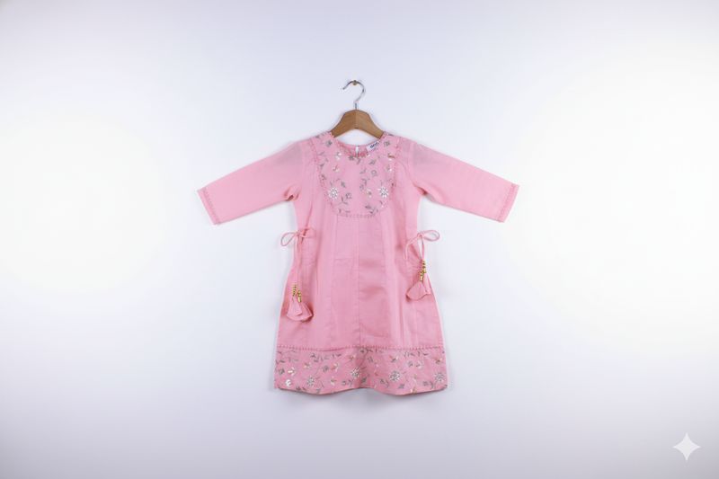 Peach Pink Embroidered Cotton Frock with payjama