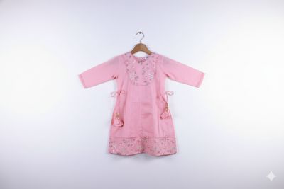 Peach Pink Embroidered Cotton Frock with payjama