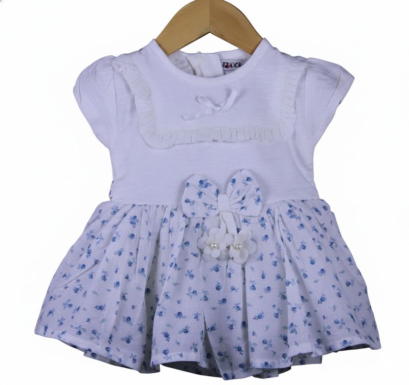 ​Baby Girls White Floral Cotton Frock with Bow