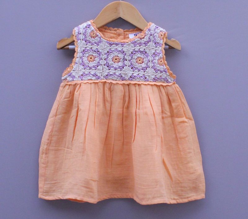 ​Yello orange Frock with Crochet Yoke Design