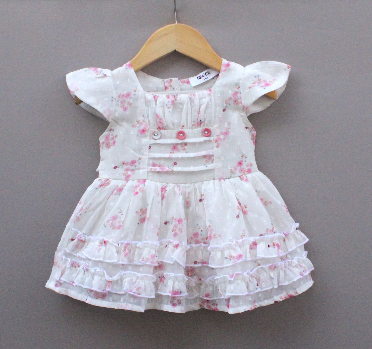Baby Girls White Floral with Ruffle Hem &amp; Button Detailing