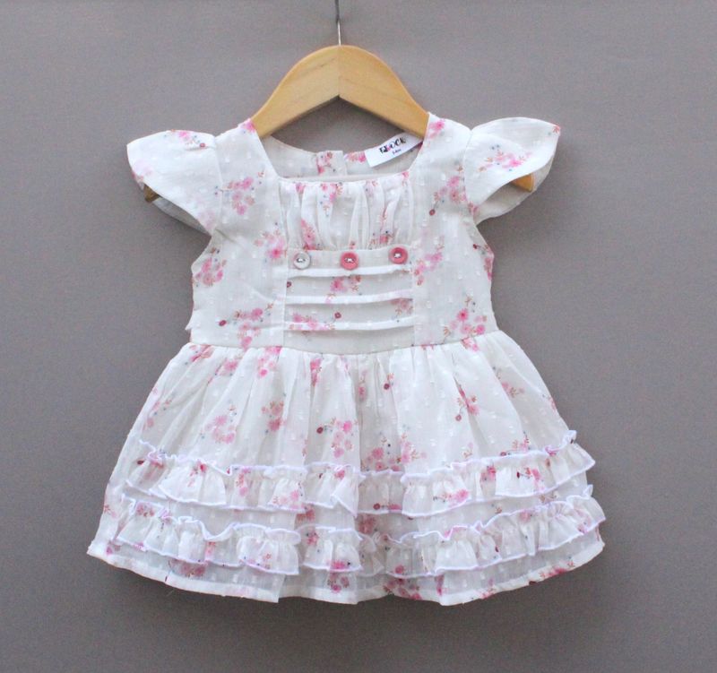 Baby Girls White Floral with Ruffle Hem &amp; Button Detailing