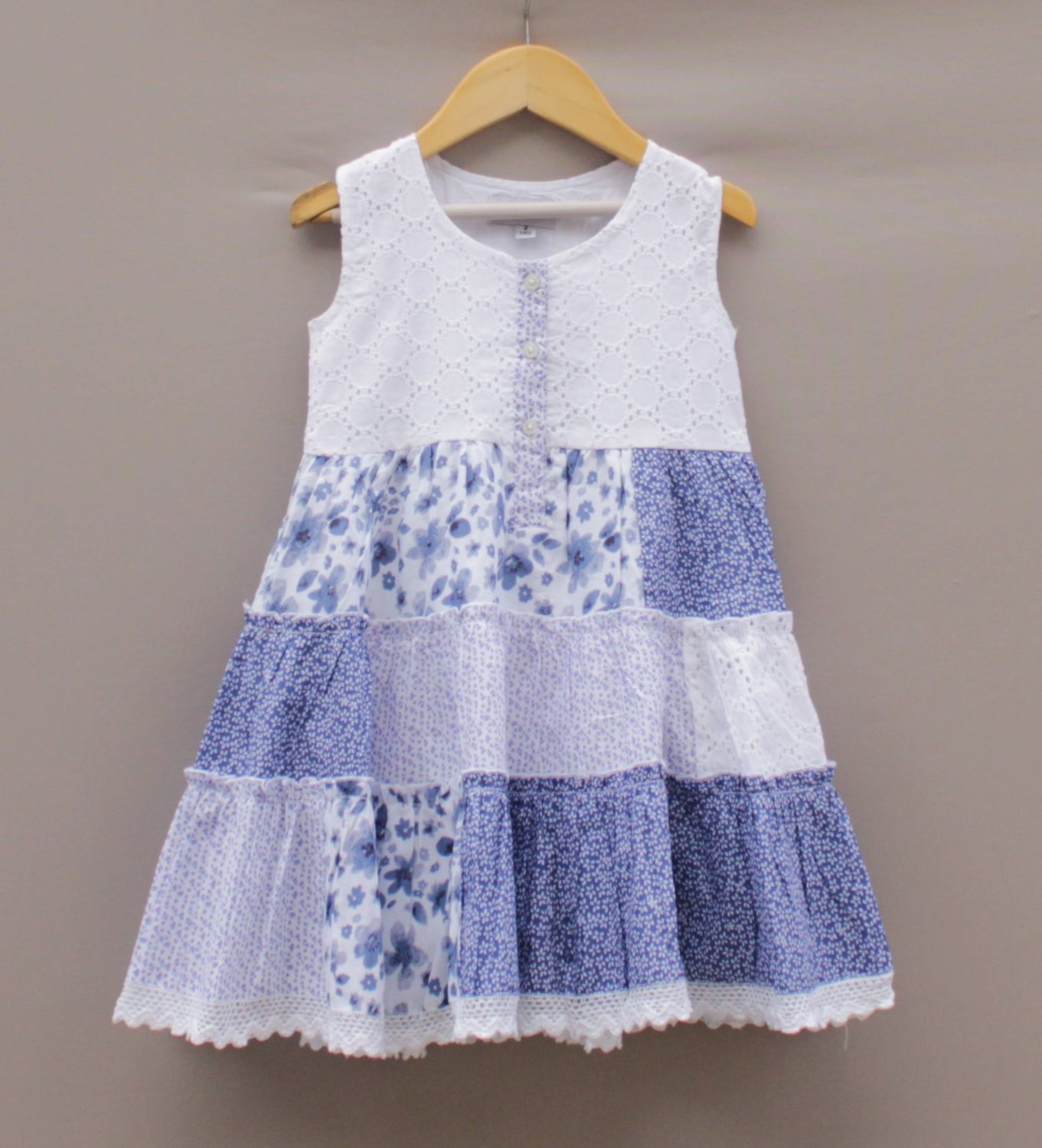 Blue &amp; White Floral Patchwork Cotton Frock