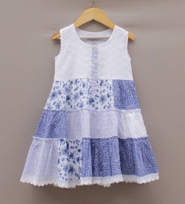 Blue &amp; White Floral Patchwork Cotton Frock