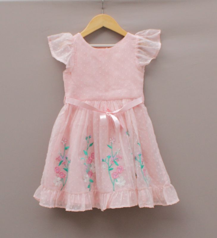 Girls’ Pink Embroidered Organza Frock