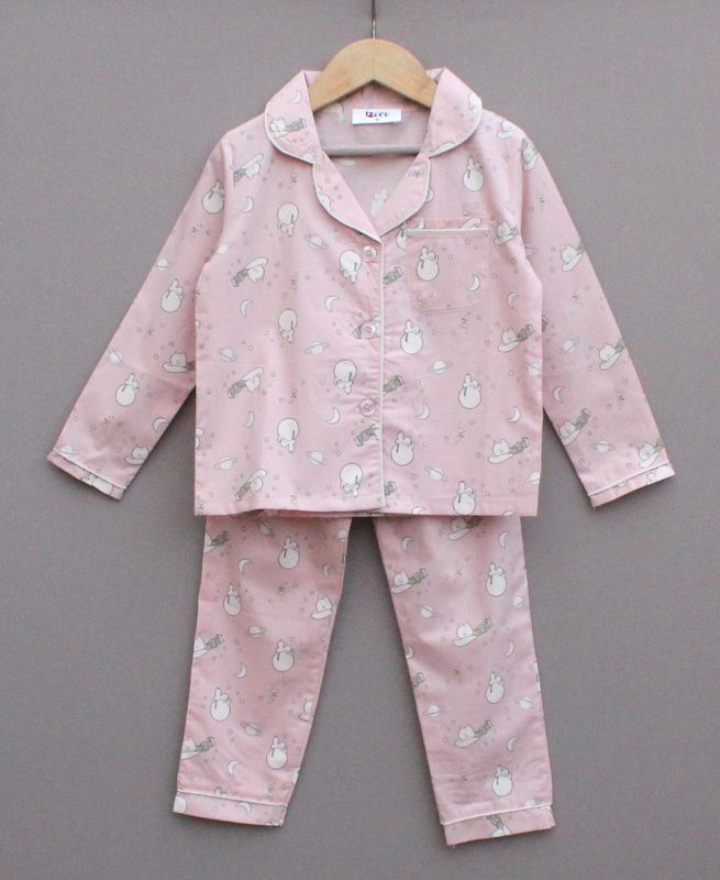 Pink Printed Cotton Night Suit for Girls