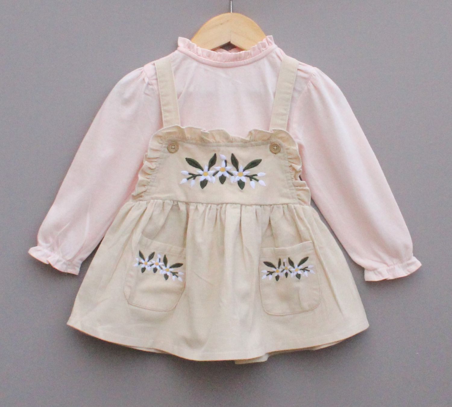 Beige Dungaree with Pink Top and Floral Embroidery for Girls