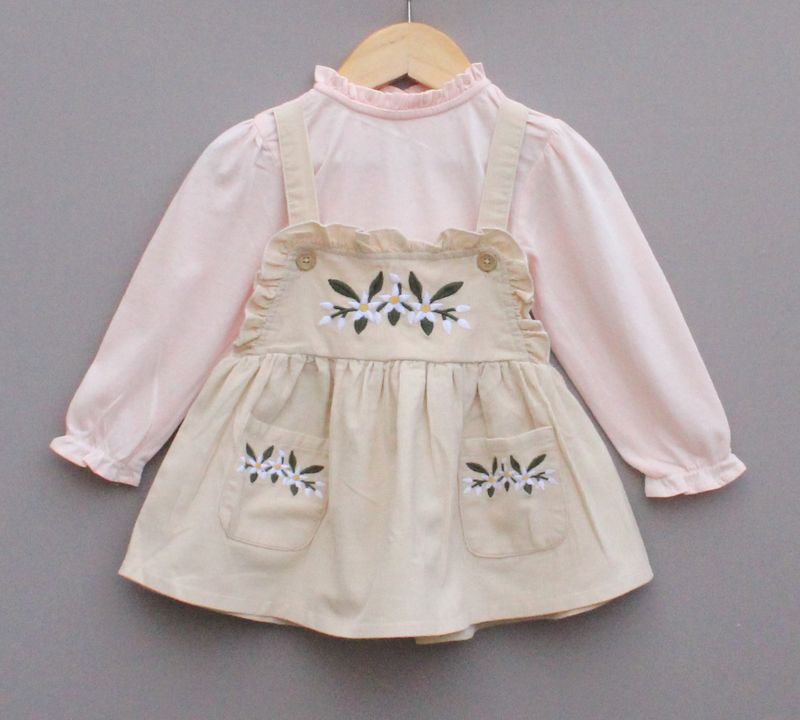 Beige Dungaree with Pink Top and Floral Embroidery for Girls