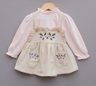 Beige Dungaree with Pink Top and Floral Embroidery for Girls