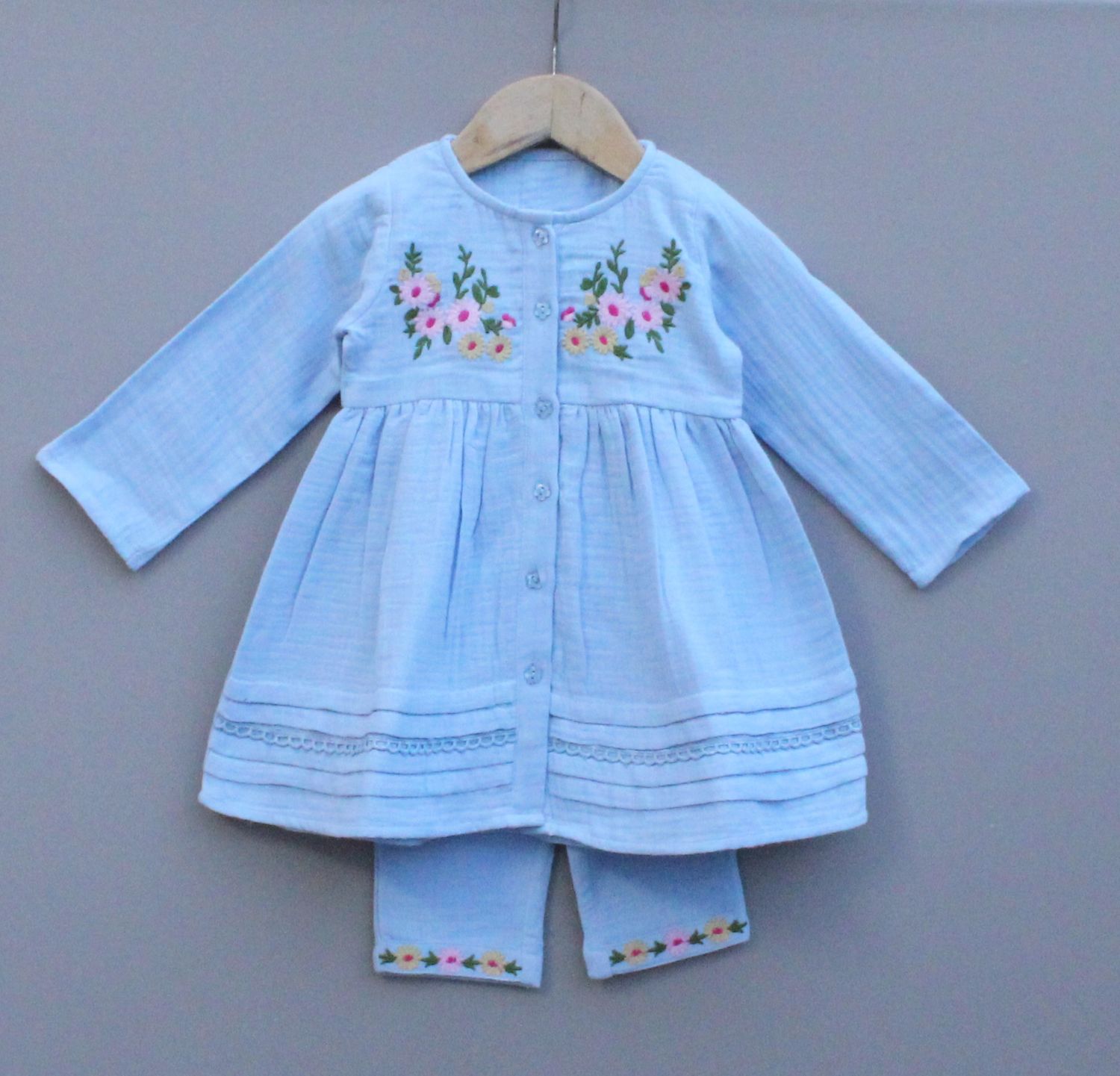 Light Blue Embroidered Cotton frock and Pant Set for Girls