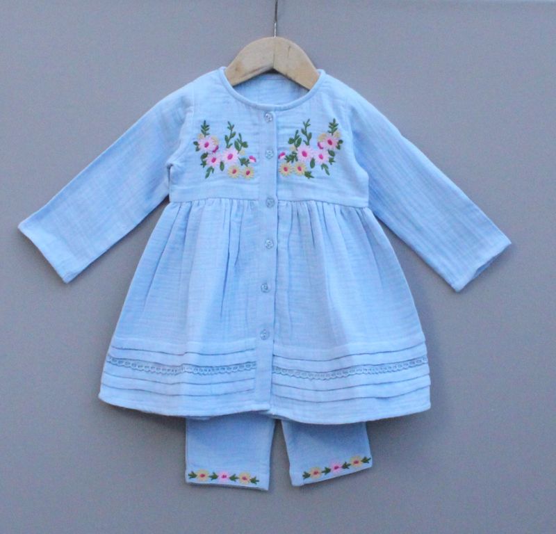 Light Blue Embroidered Cotton frock and Pant Set for Girls
