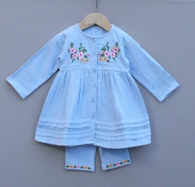 Light Blue Embroidered Cotton frock and Pant Set for Girls