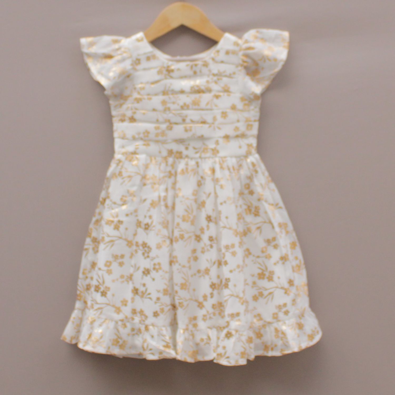 ​White and Golden Floral Print Party Frock for Girls