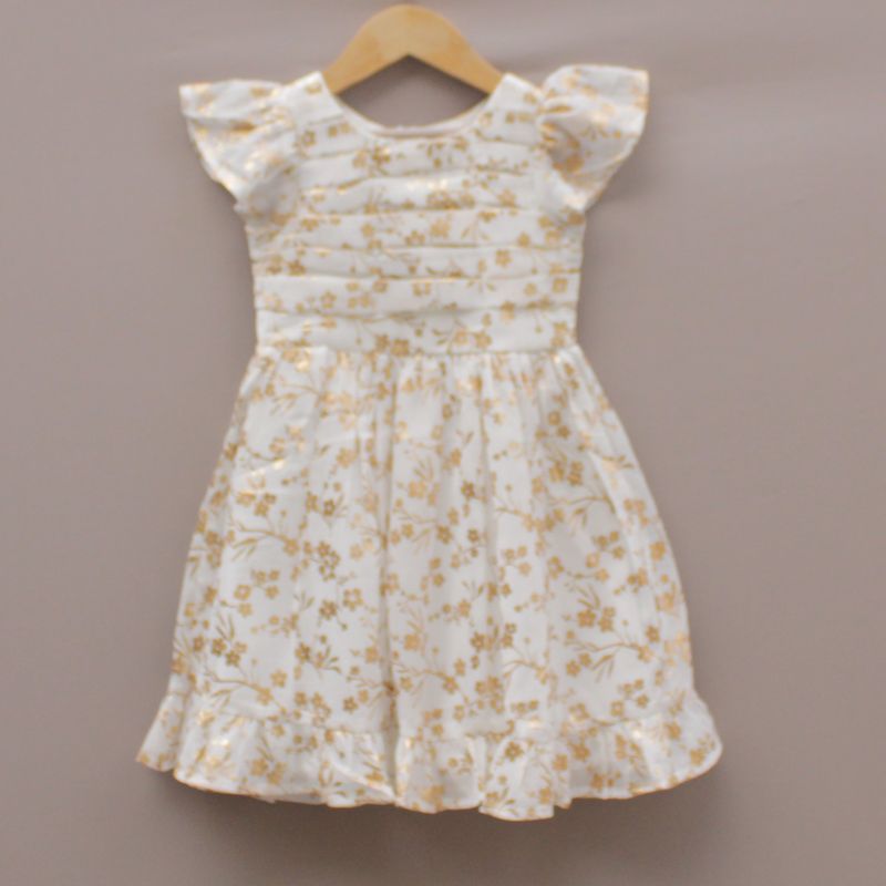 ​White and Golden Floral Print Party Frock for Girls