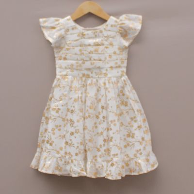 ​White and Golden Floral Print Party Frock for Girls